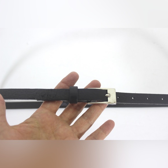 DANIER Super Skinny Black Leather Belt Silver Buckle Large L - Picture 4 of 9